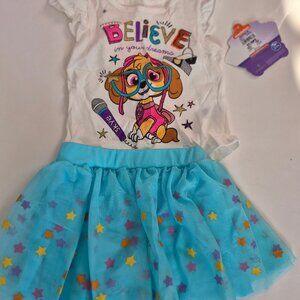 Sky Paw Patrol top and turquoise star tutu set toddler size 2T girl NWT